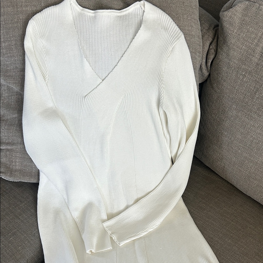 V-Neck Ribbed Women's Sweater Dress - White